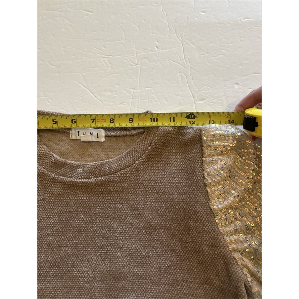 THML Brown Knit Top with Puff Gold Sparkle Sleeves - Picture 9 of 11